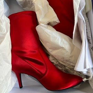 NIB Stuart Weitzman Cling Satin Bootie in RED - 7.5/38 NEVER WORN!